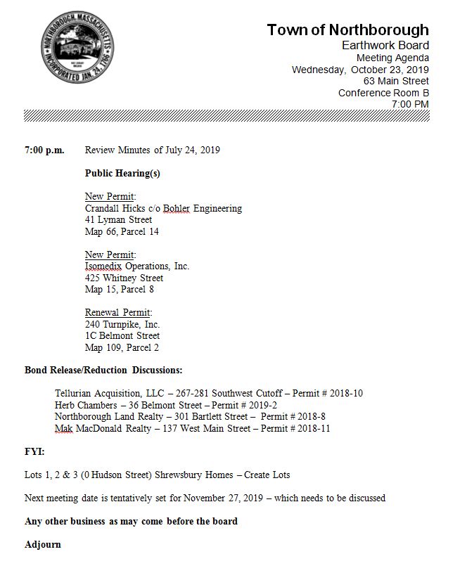 this is the agenda for the october 23, 2019 meeting of the Earthwork Board in Northborough Massachusetts