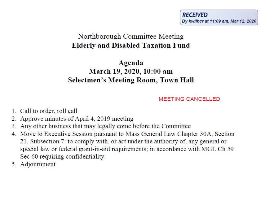 this is the agenda for the cancelled march 19, 2020 meeting of northborough's elderly and disabled taxation fund committee