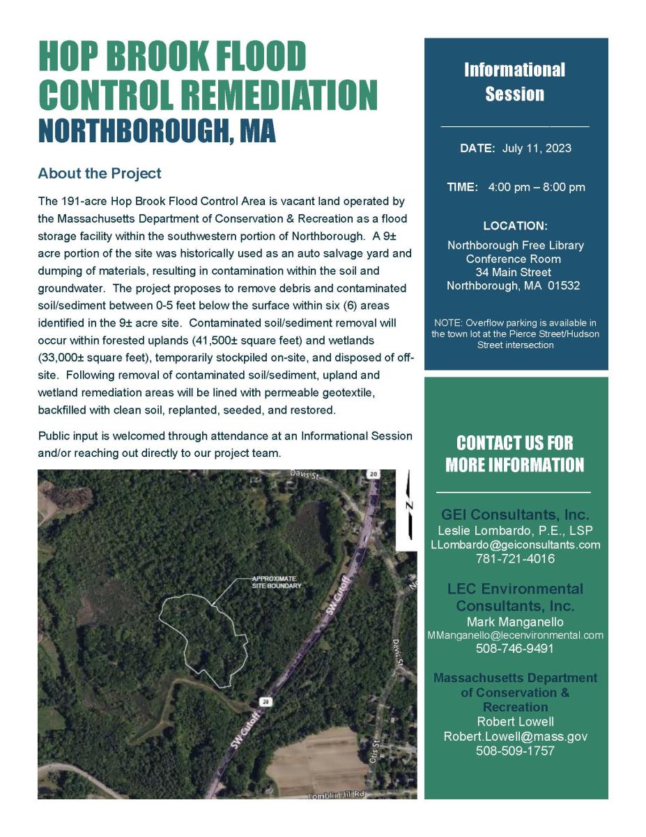 Hop Brook Flood control Remediation Information Session Flyer for July 11, 2023