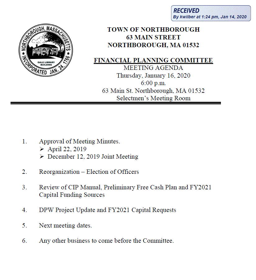 this is the agenda for the january 16, 2020 meeting of the northborough financial planning committee
