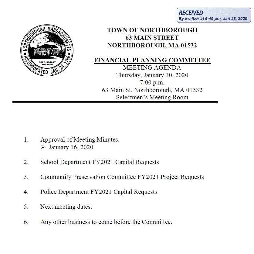 this is the agenda for the 01/30/2020 meeting of Northborough's Financial Planning Committee