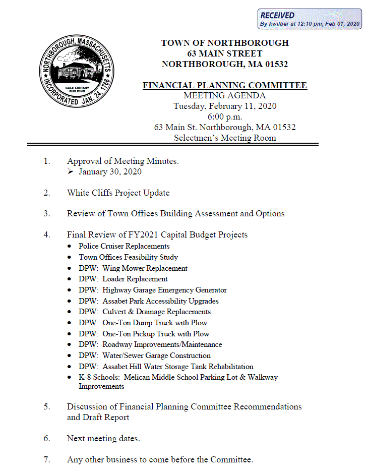 this is the february 11, 2020 meeting of the northborough financial planning committee