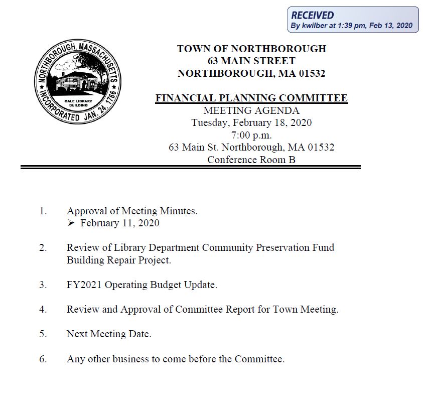 this is the agenda for the february 18, 2020 meeting of northborough's financial planning committee