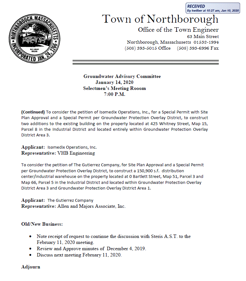 this is the agenda for the january 14, 2020 meeting of the northborough groundwater advisory committee