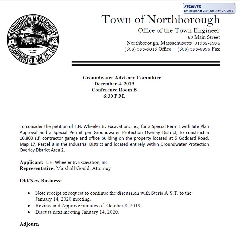 this is the agenda for the wednesday, december 4, 2019 meeting of the northborough groundwater advisory committee