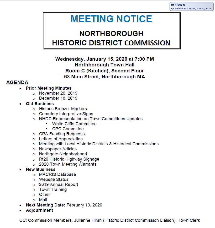 this is the agenda for the january 15, 2020 meeting of the northborough historic district commission
