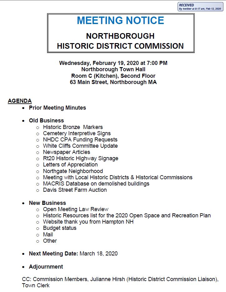 this is the agenda for the february 19, 2020 meeting of northborough's historic district commission
