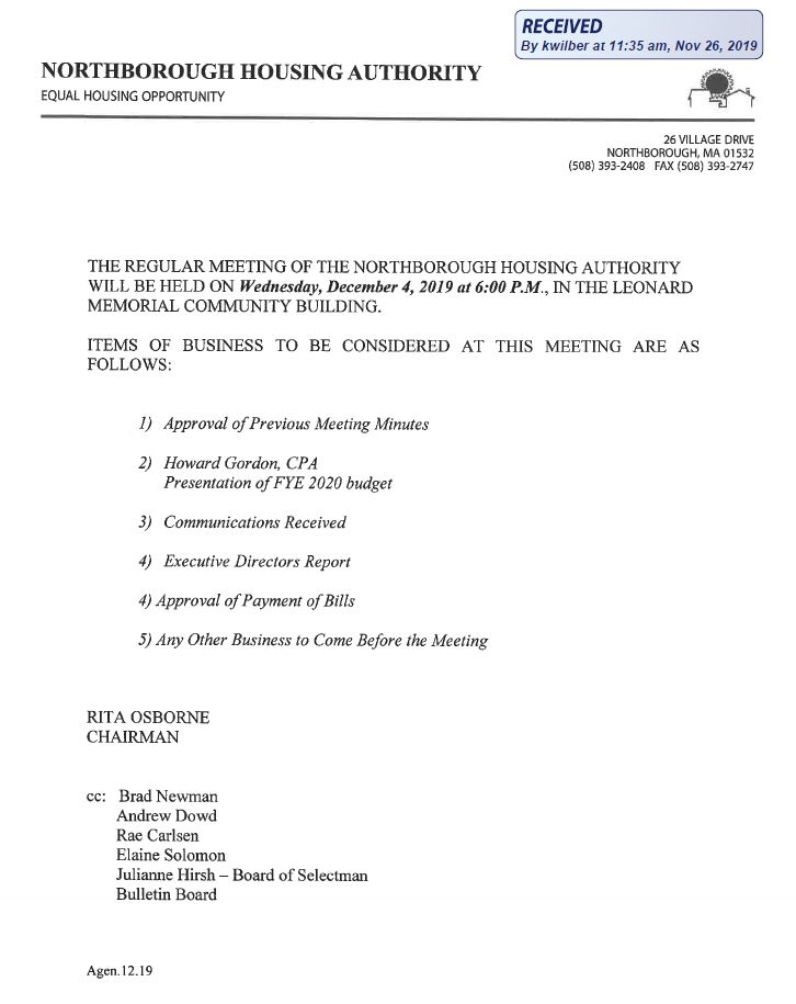 this is the agenda for the wednesday, december 4, 2019 meeting of the northborough housing authority