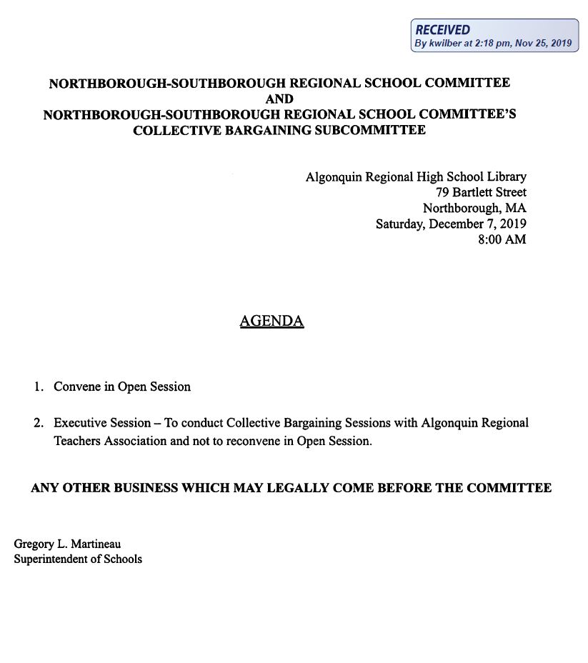 this is the agenda for the joint meeting on saturday december 7, 2019 between the regional school committee and the collective bargaining subcommittee