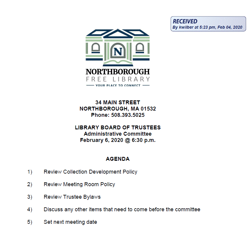 this is the agenda for the 2/6/2020 meeting of the northborough library board of trustees administrative committee