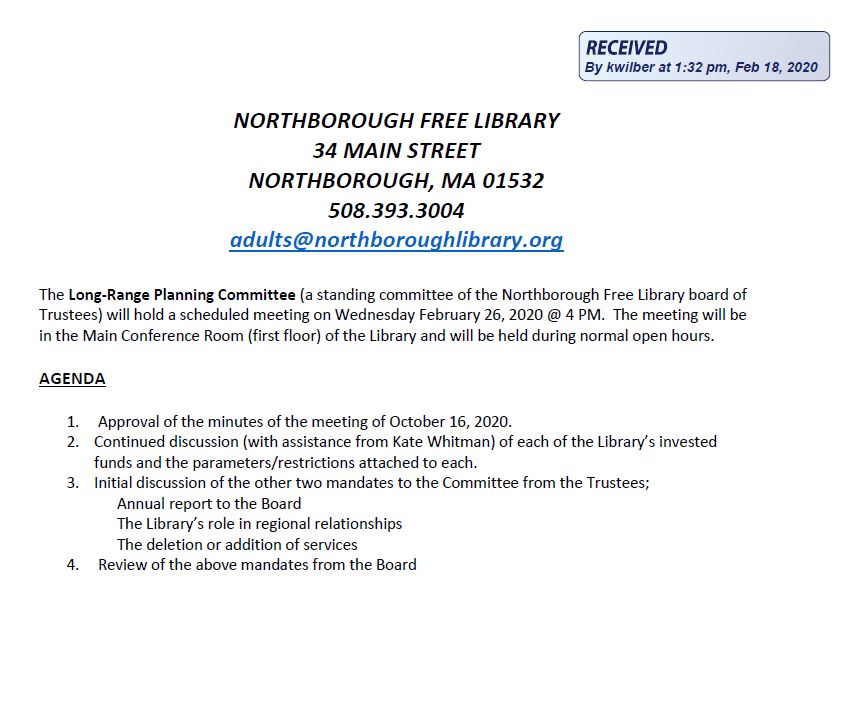 this is the agenda for the february 26, 2020 meeting of the northborough board of library trustees - long range planning committee