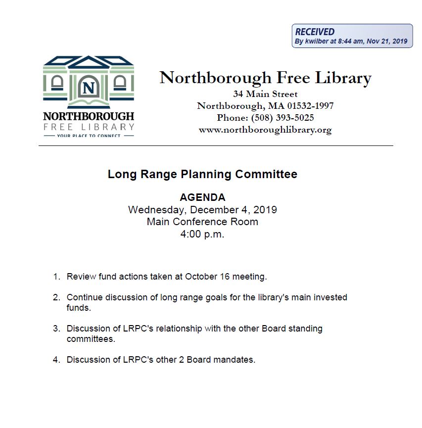 this is the agenda for the december 4, 2019 meeting of the long range planning committee for the northborough free library