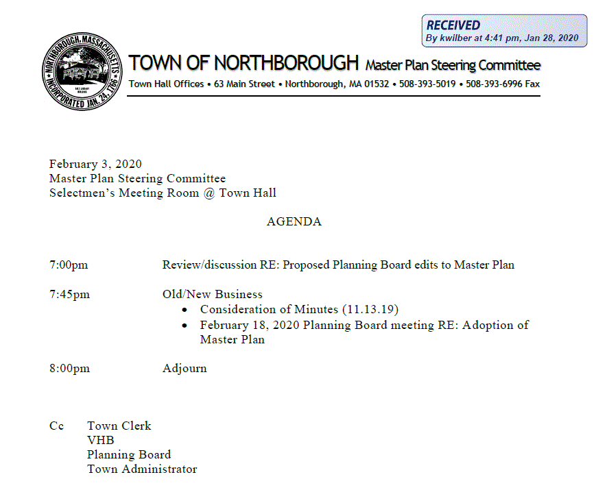 this is the agenda for the february 3, 2020 meeting of Northborough's master plan steering committee
