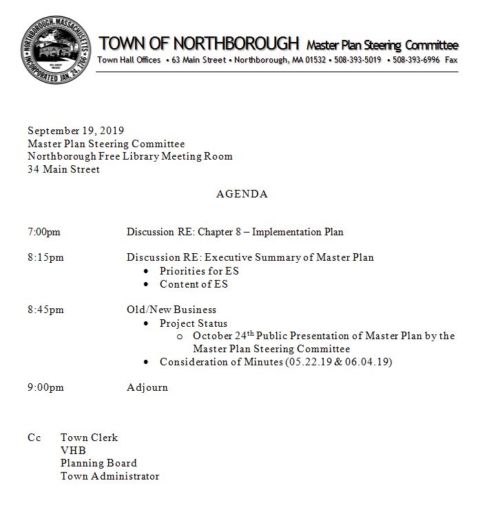 This is the agenda for the Thursday, September 19, 2019 meeting of the Master Plan Steering Committee held at the Northborough Library meeting room