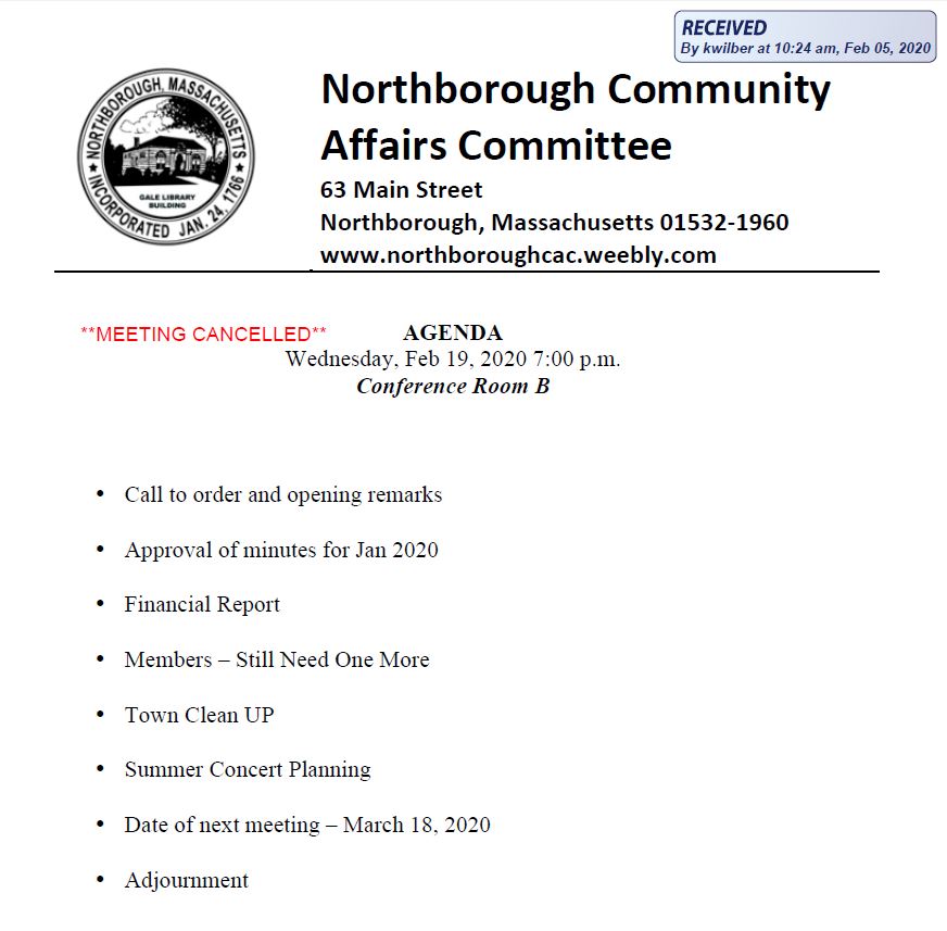 this is showing the agenda for the cancelled 02/19/2020 meeting of northborough's community affairs committee