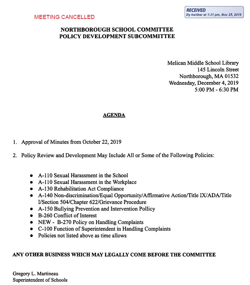 this is showing that the agenda for the Northborough School Committee Policy Development subcommittee meeting on december 4, 2019 has been cancelled