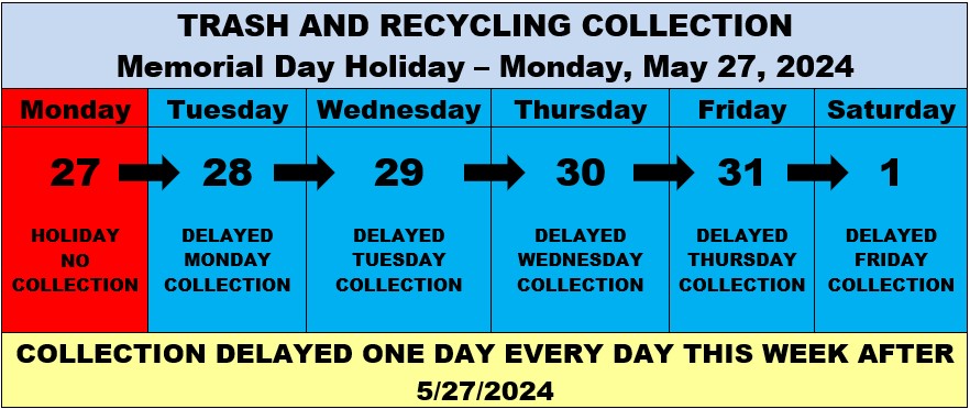 memorial day trash and recycling delay calendar image