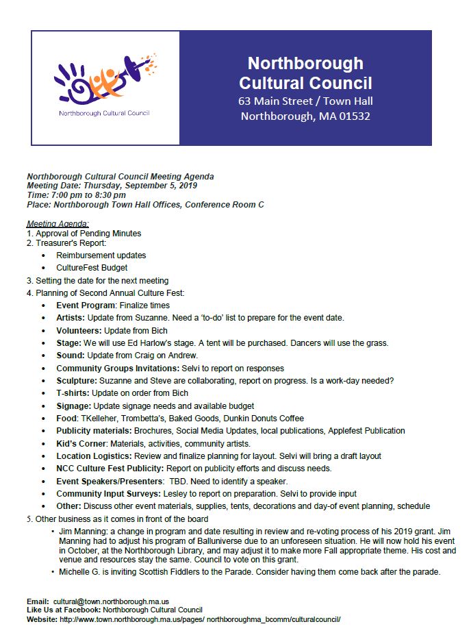 This is the agenda for the September 5, 2019 Meeting of the Northborough Cultural Council.