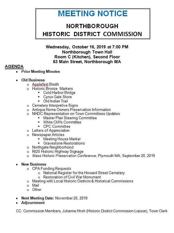 this is the agenda for the october 16, 2019 meeting of the northborough historic district commission