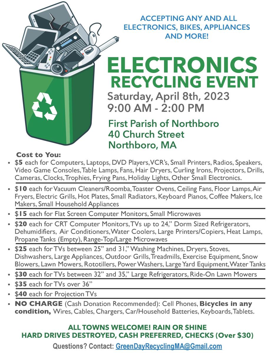 electronics recycling event flyer april 8 2023