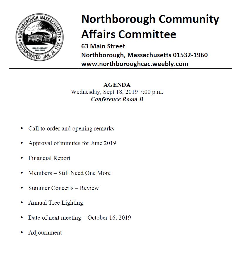 This is the agenda for the September 18, 2019 Meeting of the Northborough Community Affairs Committee.