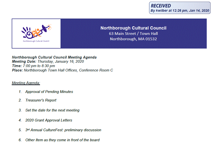 this is the agenda for the january 16, 2020 meeting of the northborough cultural council
