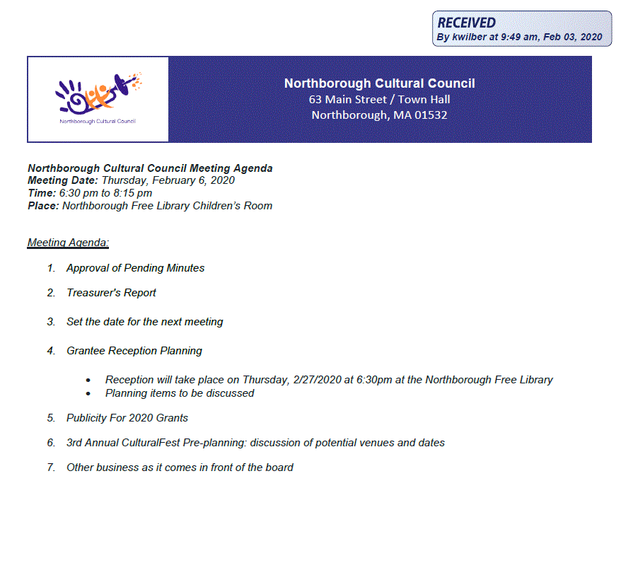 this is the agenda for the february 6, 2020 meeting of the northborough cultural council