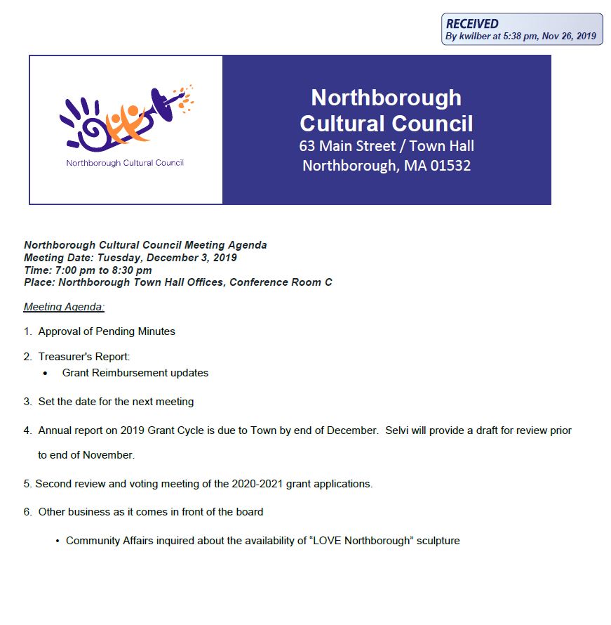 this is the agenda for the december 3, 2019 meeting of the northborough cultural council