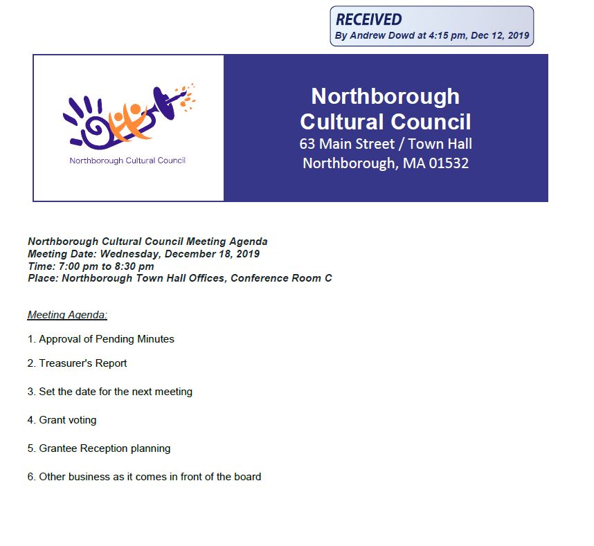 this is the agenda for the december 18, 2019 meeting of the northborough cultural council