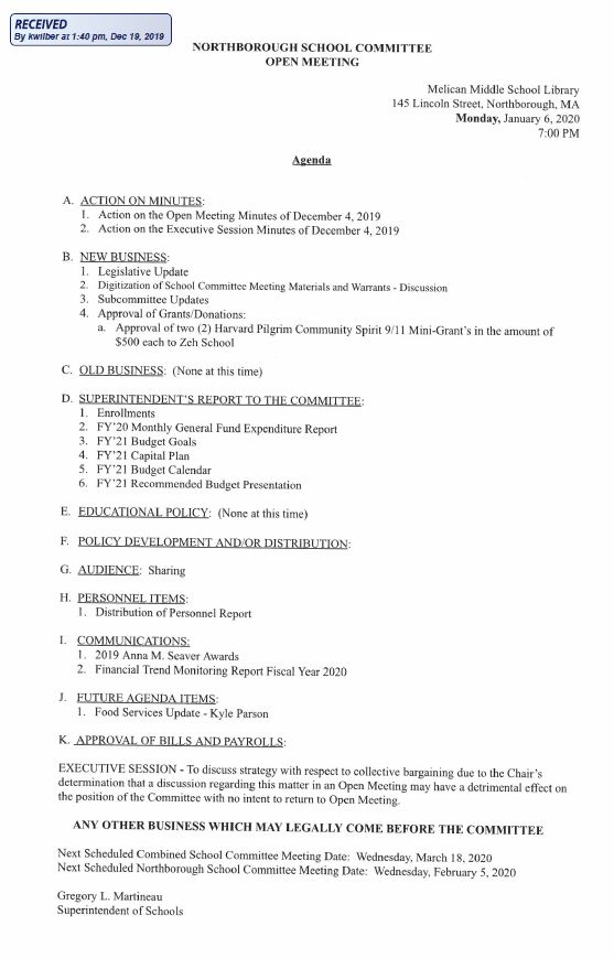 this is the agenda for the january 6, 2020 meeting of the northborough school committee