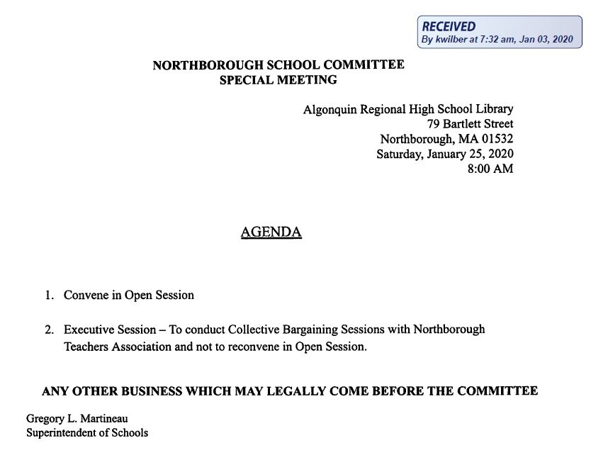 this is the agenda for the 01/15/2020 meeting of the northborough school committee