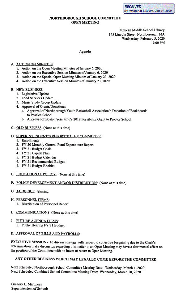 this is the agenda for the february 5, 2020 meeting of the Northborough school committee