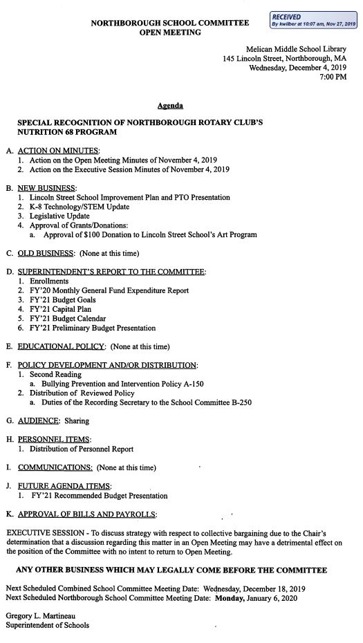 this is the agenda for the wednesday, december 4, 2019 meeting of the northborough school committee