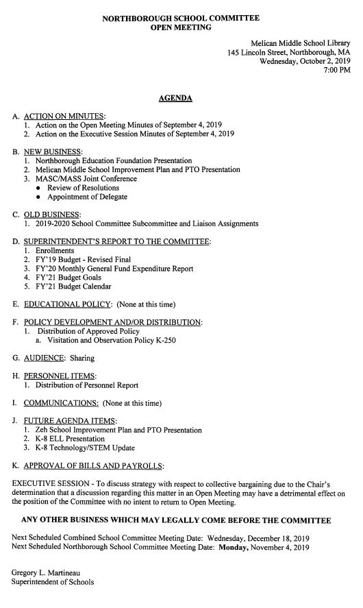 This is the agenda for the October 2, 2019 meeting of the Northborough School Committee