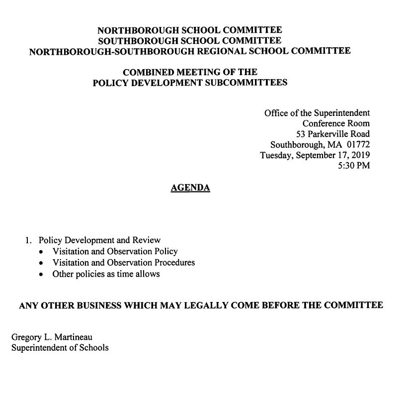 This is the agenda for the Tuesday, September 17, 2019 combined meeting of the policy development subcommittees for all school committees
