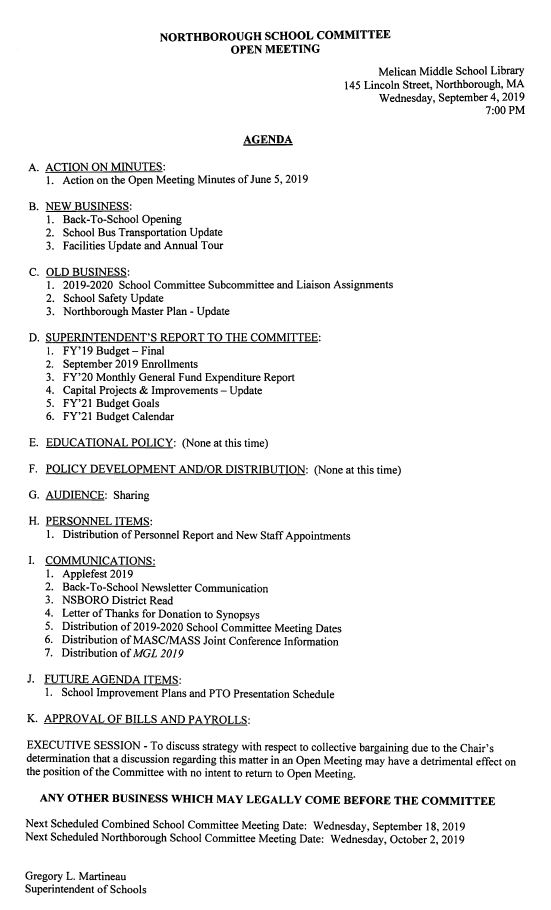 This is a copy of the agenda for the September 4, 2019 meeting of the Northborough School Committee being held at the Melican Middle School Library at 145 Lincoln St, Northborough, MA.