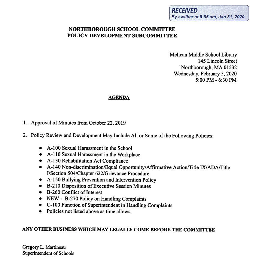 this is the agenda for the february 5, 2020 meeting of the Northborough school committee-Policy development subcommittee
