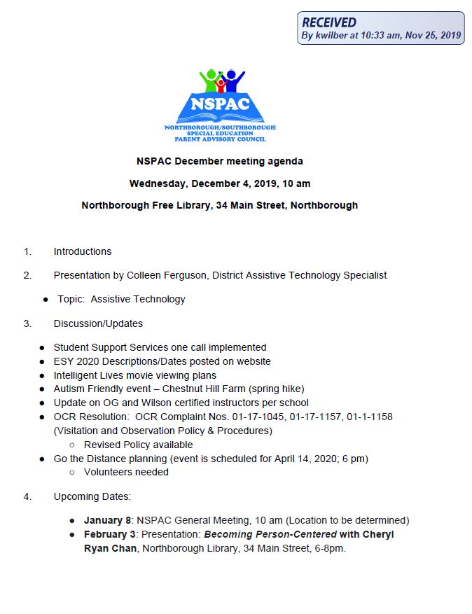 this is the agenda for the wednesday december 4, 2019 meeting of the northborough southborough special eudcation parent advisory council
