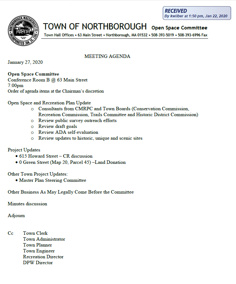 this is the agenda for the january 27, 2020 meeting of the northborough open space committee