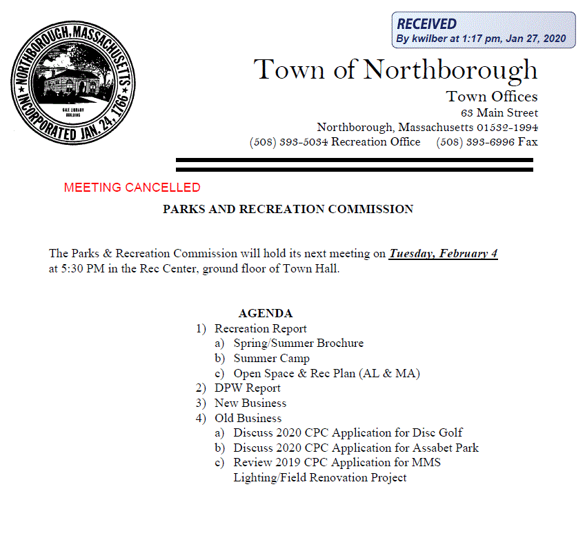 This is the agenda for the cancelled meeting for february 4, 2020 northborough's park and recreation commission