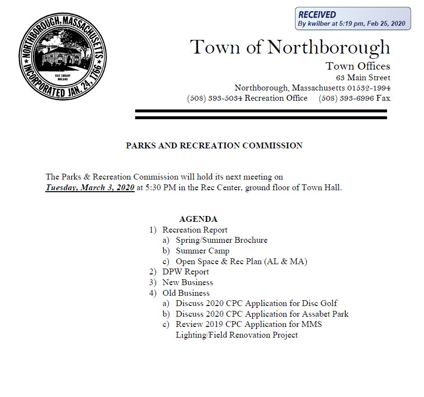 this is the agenda for the march 3, 2020 northborough's parks &amp; recreation commission