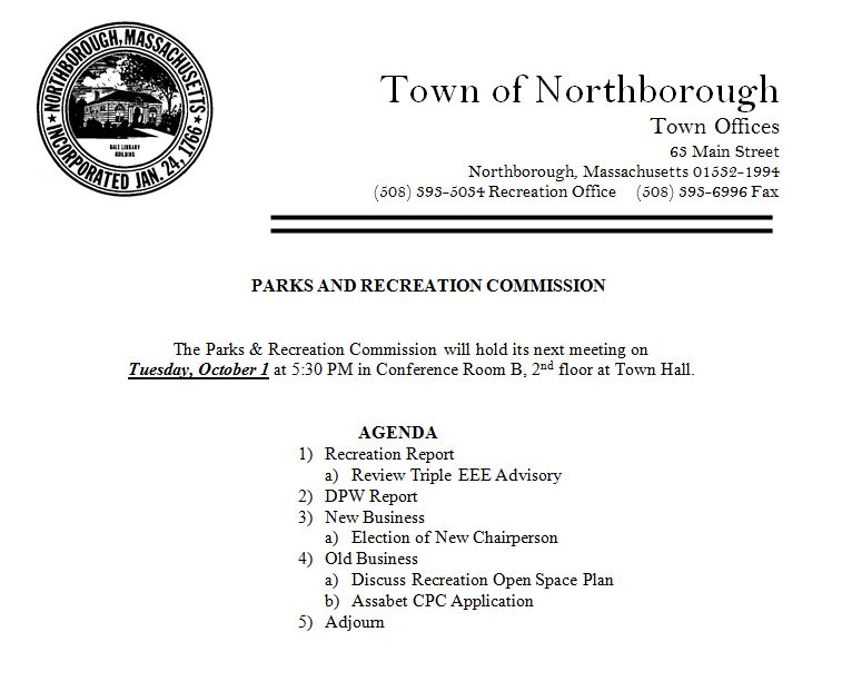 This is the agenda for the Tuesday, October 1, 2019 meeting of the parks and recreation commission