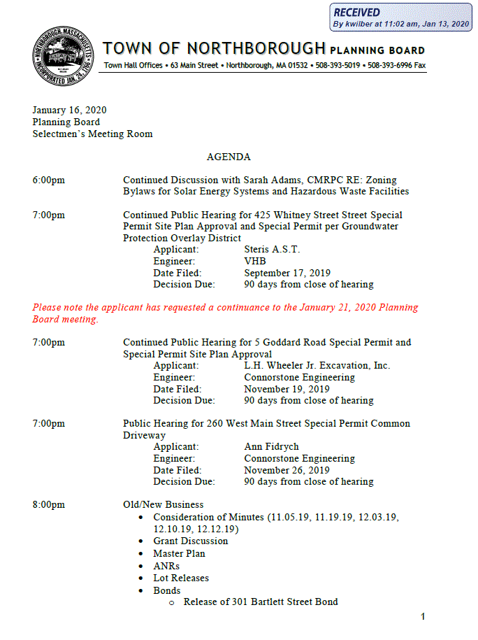this is page one of the agenda for the january 16, 2020 meeting of the northborough planning board