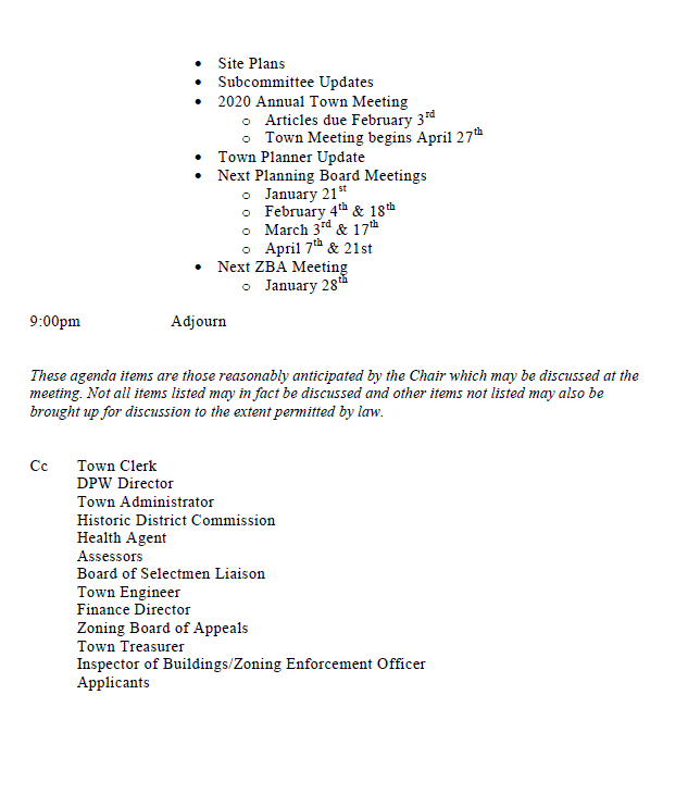 this is page two of the agenda for the january 16, 2020 meeting of the northborough planning board