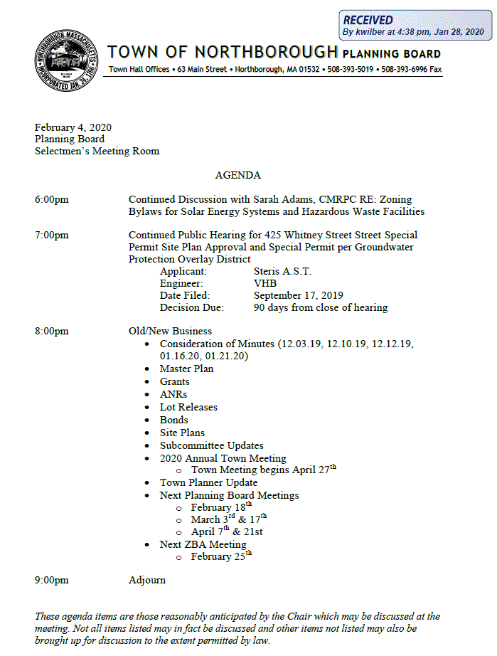 this is the agenda for the february 4, 2020 meeting of Northborough's Planning Board