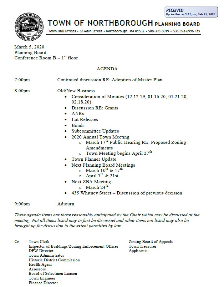 this is the agenda for the march 5, 2020 meeting of northborough's planning board