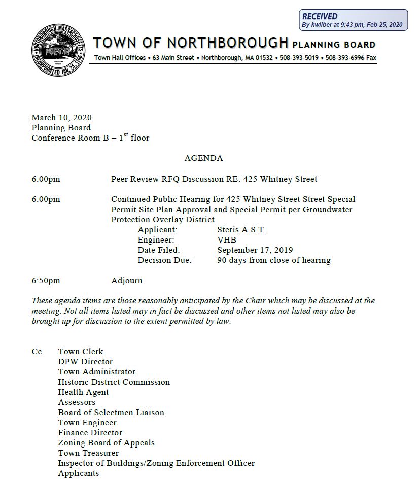 this is the agenda for the march 10, 2020 meeting of northborough's planning board