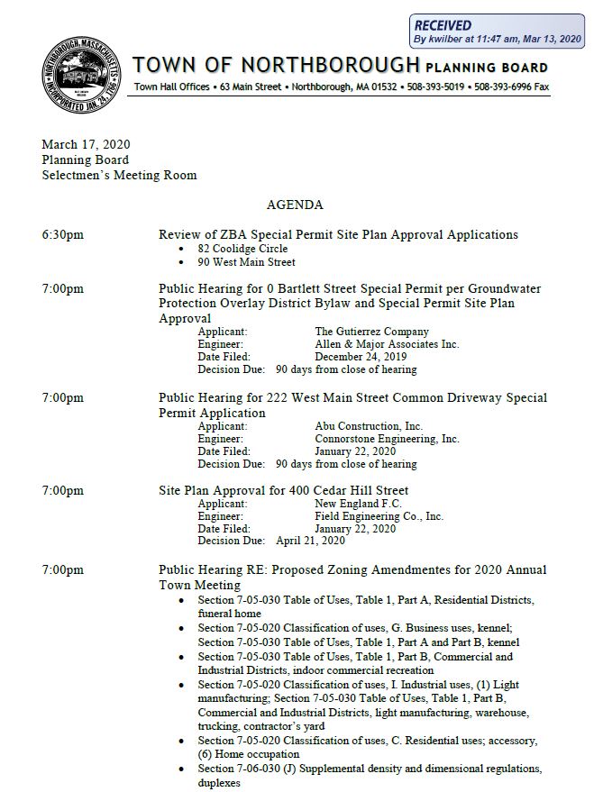 this is page one of the agenda for the march 17, 2020 meeting of the northborough planning board