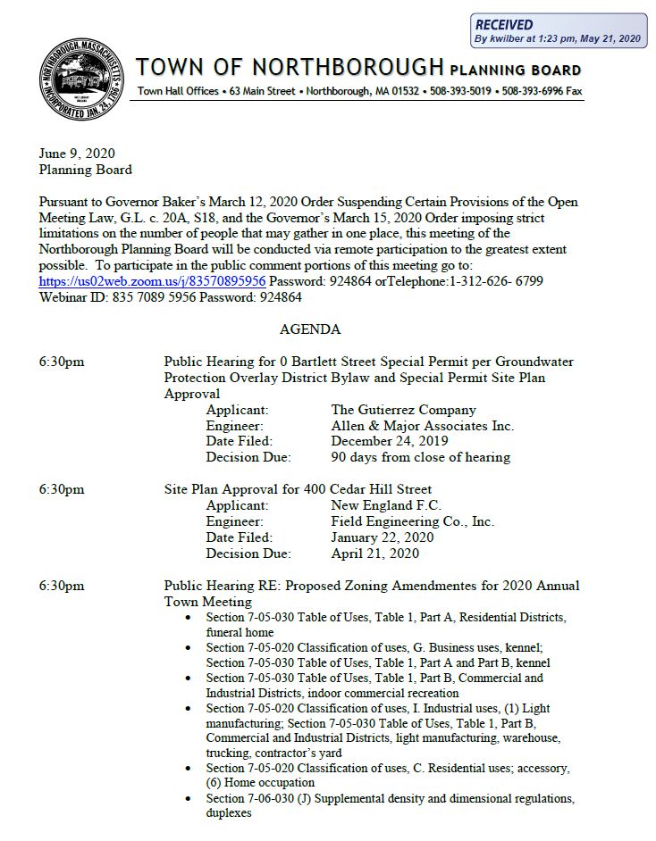 this is page 1 of the june 9,2020 northborough planning board agenda