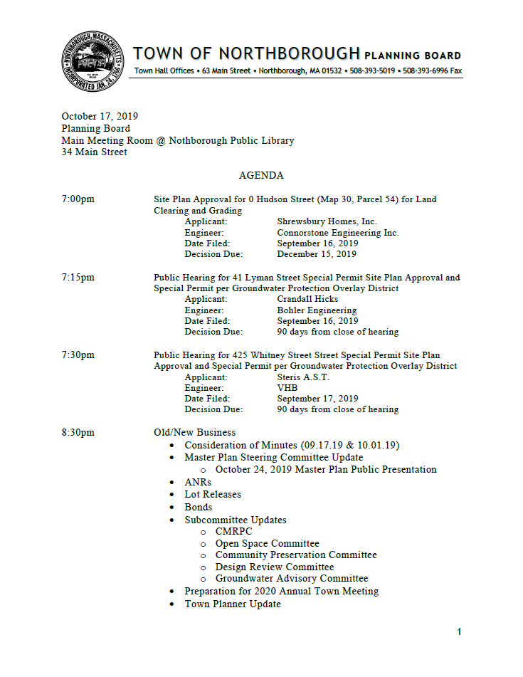This is page 1 of the agenda for the October 17, 2019 meeting of the Planning Board